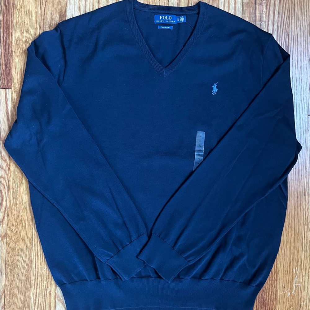 Ralph Lauren Men’s Navy Blue Pima Cotton V-Neck Sweater